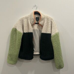 Faux fur Sherpa color block zip up sweater sheep cropped funky vintage retro